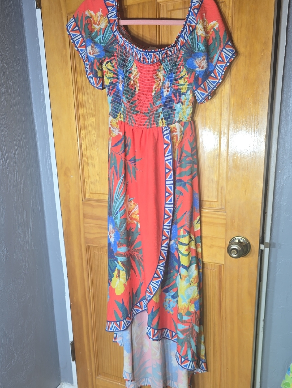 Jealous Tomato Coral Floral Maxi Dress with Blue Accents Size Small